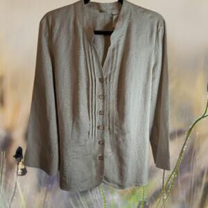 Emma James Large long sleeve tan button down front linen woman's blouse.